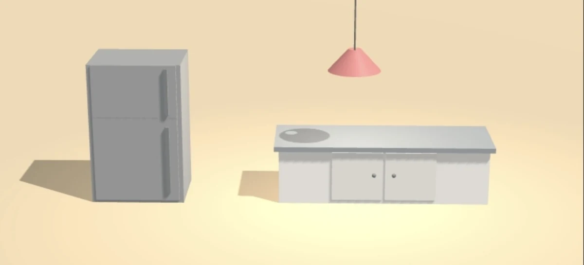 A 3D kitchen scene with a refrigerator, counter and pendant light, built with Nex-N2.5-Pro.