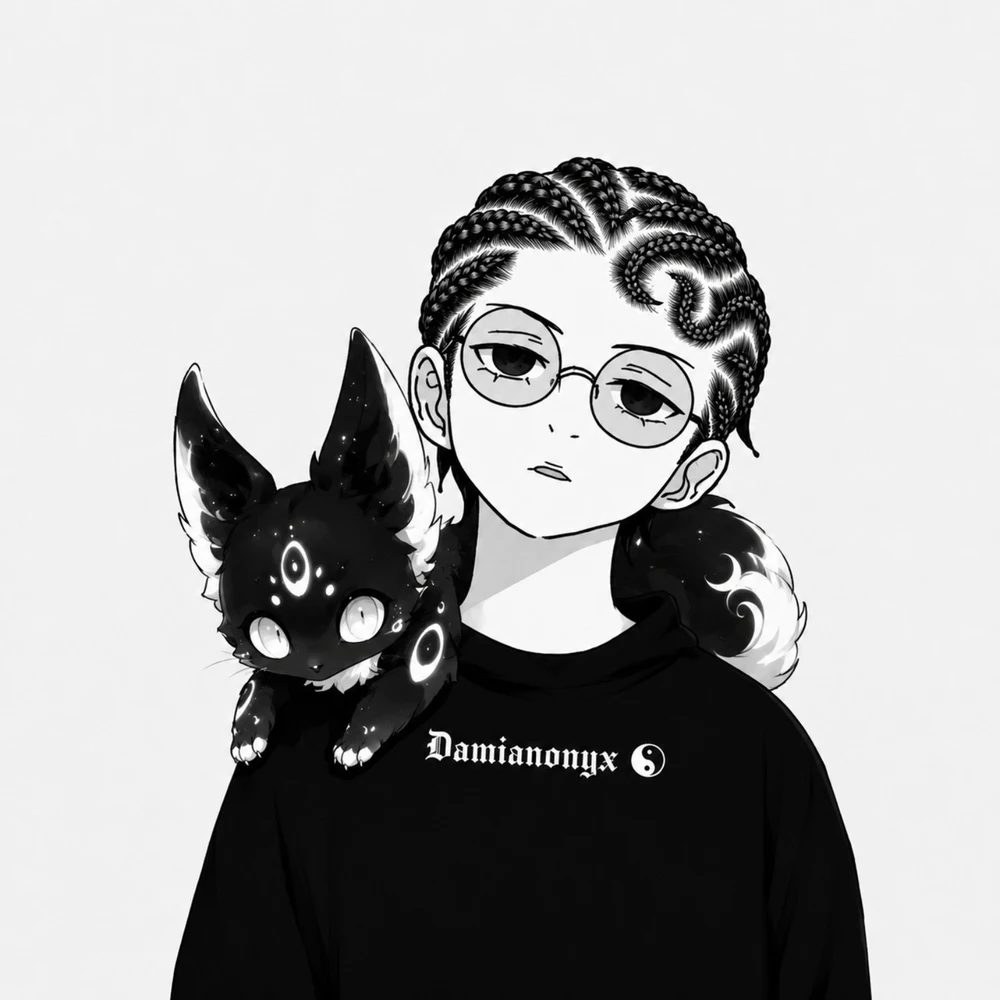 Geex with glasses, braids and a creature on his shoulder.