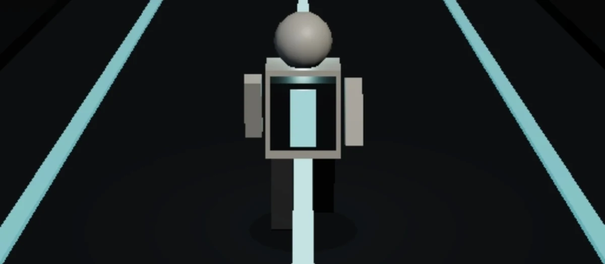 A robot runner on a dark track with cyan lane markings in Rift Run.